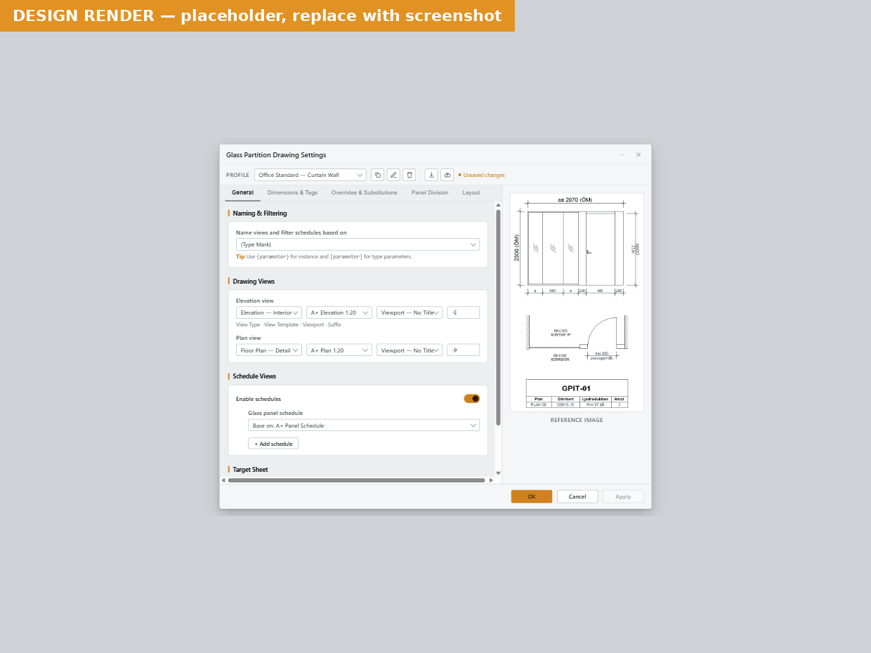 The Curtain Wall Drawing Settings window on the General tab