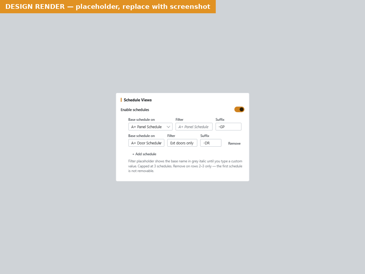 Two schedule rows with Base Schedule On, Filter and Suffix, and the Add schedule button