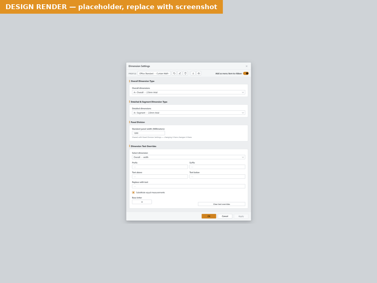The Dimension Types tab of the Dimension Settings window, with Overall, Detailed and Segment dimension types each followed by a Dimension line offset field, and the Standard Panel Size section
