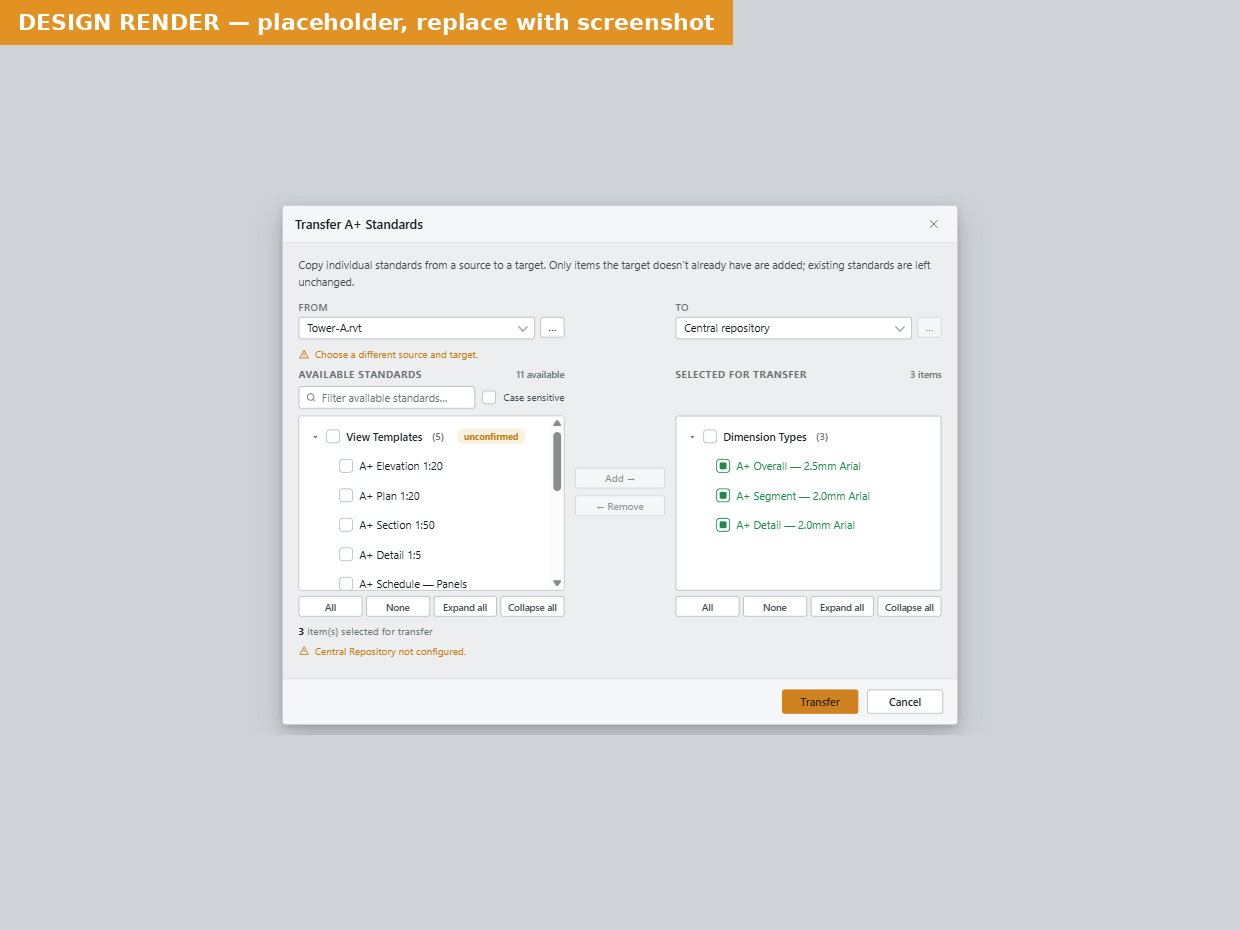 Available settings tree with an Unverified label, grey staged items, and the two warnings under the pickers