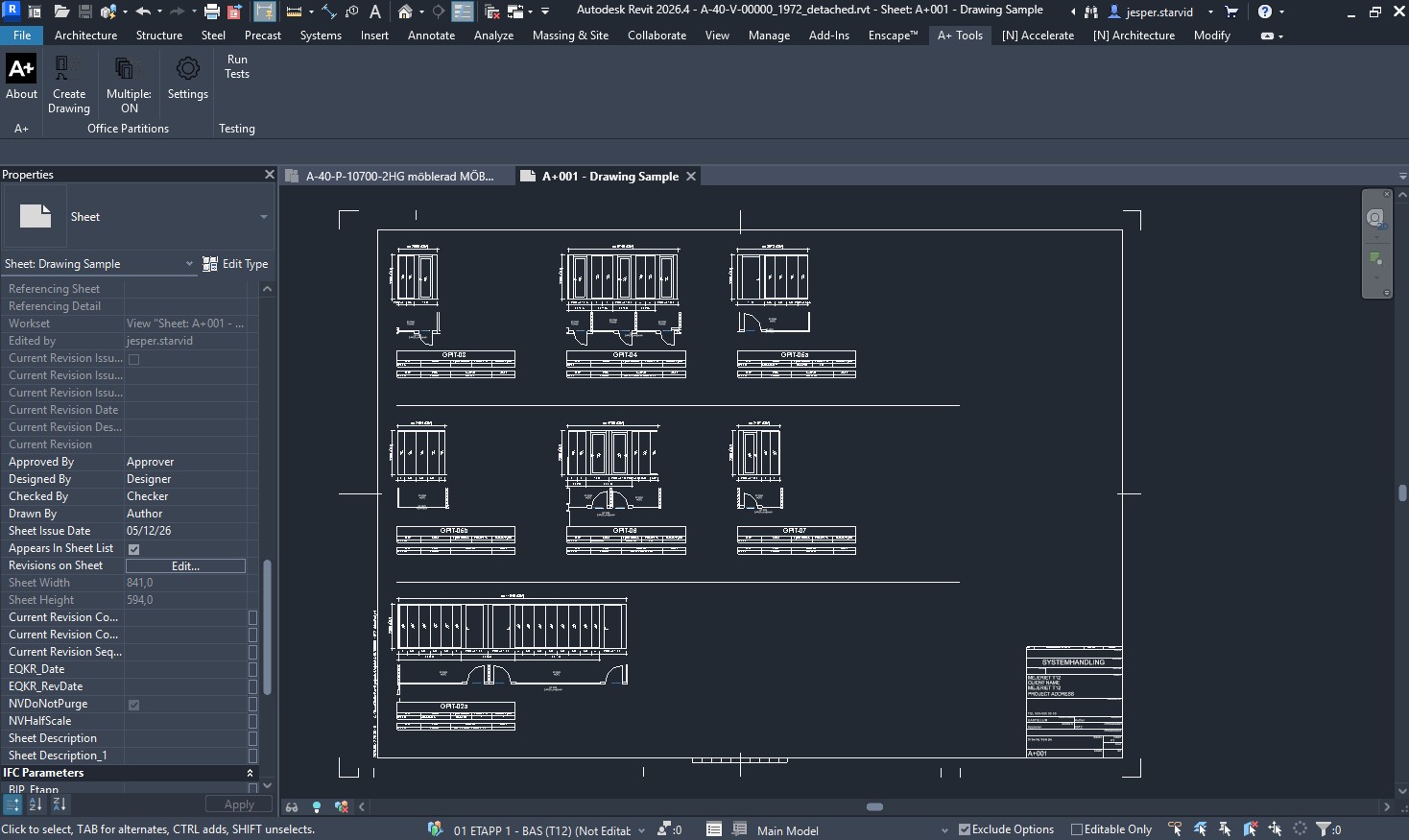 The A+ Tool Suite ribbon tab inside Autodesk Revit, showing curtain wall, glass partition and settings commands.